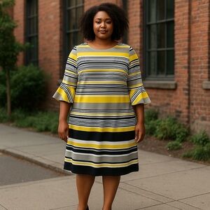 ILE New York Women's Size 18 yellow and black shift dress with ruffled sleeves.